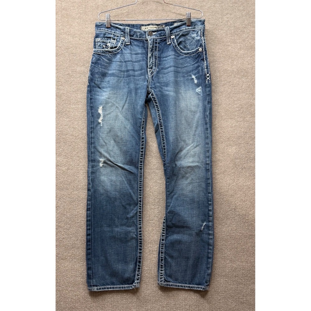 BKE Seth Straight Leg Jeans Mens 32x30 Blue Distressed Denim Heavy Stitching